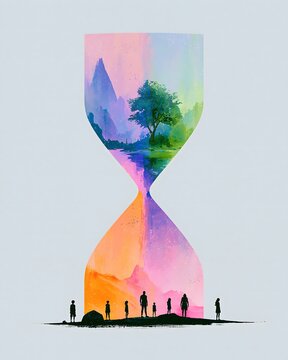 Stylized hourglass revealing day and night landscapes, blending emerald green, soft blue, orange, and vibrant purple tones, executed in a watercolor gradient digital painting style.