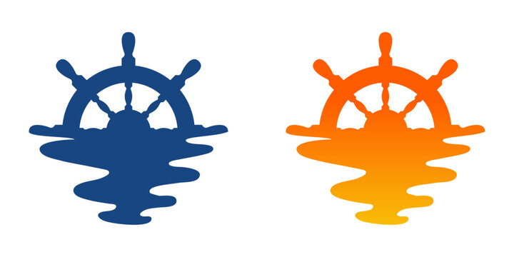 Logo nautical. Vacaciones de verano. Dibujo estilo vintage de un paisaje marino con la silueta de un volante de tim&oacute;n simulando el sol con ondas suaves reflejado en el mar