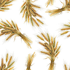Fototapeta premium Wheat sheaves vector seamless pattern with tied golden grain bouquets. Organic farm harvest on white background. Rustic illustration for bakery shop decoration, bread packaging, flour product branding