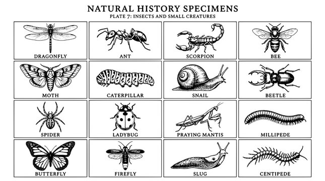 Insects and small creatures natural history specimens with detailed illustrations featuring dragonfly, ant, scorpion with bee and moth elements for