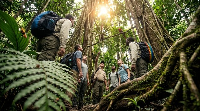 Group of hikers observing a parrot in a lush rainforest