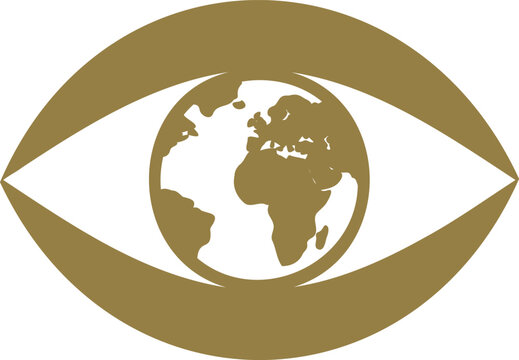 Gold eye with globe inside iris symbolizing global vision and awareness in one look