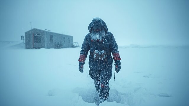 Hyper-realistic polar researcher walking through blizzard near isolated research station, dramatic snowfall motion, realistic frost on clothing and beard