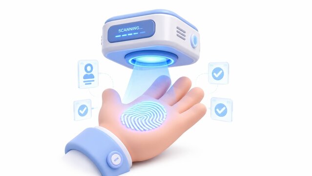 Biometric Authentication Concept with 3D Scanner Device Scanning Hand Palm and Fingerprint ID