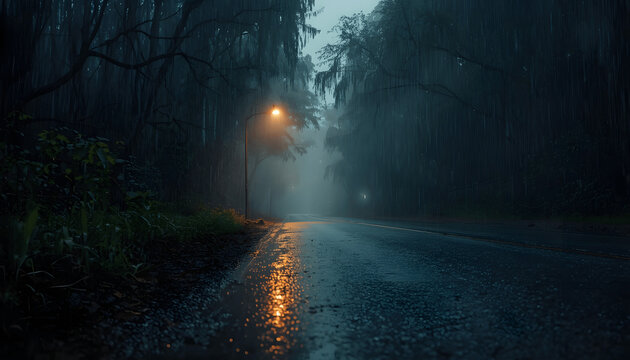 Realistic edge of forest near a quiet road during rainfall, wet asphalt reflecting street light glow, trees dripping water, fog rolling in, cinematic moody atmosphere