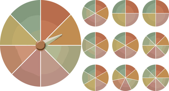 Infographic Pie Chart and Spinner Wheel Vector Set with Different Segment Divisions Pointer Indicator Needle in Muted Earthy Pastel Colors for Data Presentation