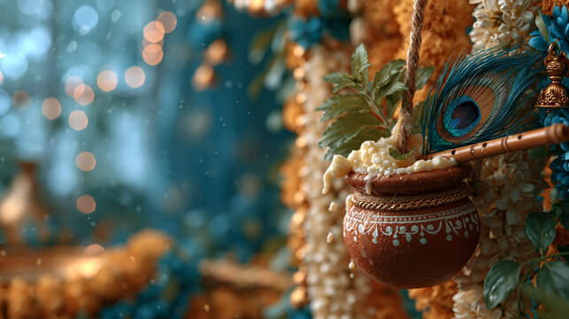 Decorated clay handi pot with traditional white patterns hanging on rope, surrounded by flower garlands, peacock feather and wooden bansuri flute for Janmashtami festival