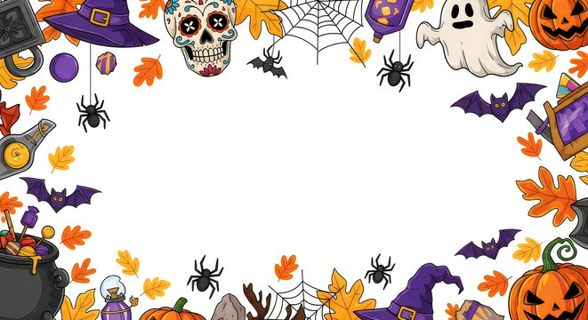Halloween illustration with skull ghost bats pumpkin and spiderweb on a white background