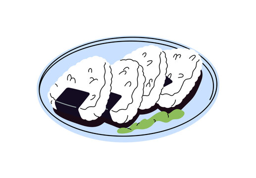 Ceramic plate of delicious onigiri with wasabi. Tasty dish of Asian food- rice balls with nori and sauce. Traditional meal of Japanese cuisine. Flat isolated vector illustration on white background