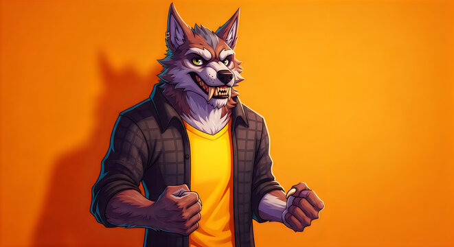 Anthropomorphic wolf man wearing a plaid shirt and yellow tee on orange background