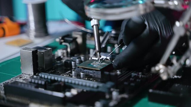 Closeup of expert soldering a green PCB board using precision tools. Ideal for electronics, circuit repair, engineering