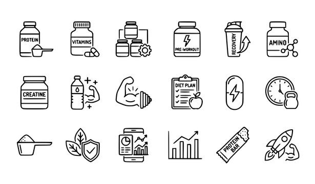 Fitness Nutrition and Sports Supplement Line Icon Collection with Editable Stroke Design