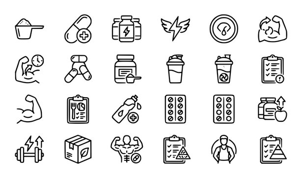 Sports Supplements Line Icons Set with Protein Vitamins and Fitness Nutrition Symbols