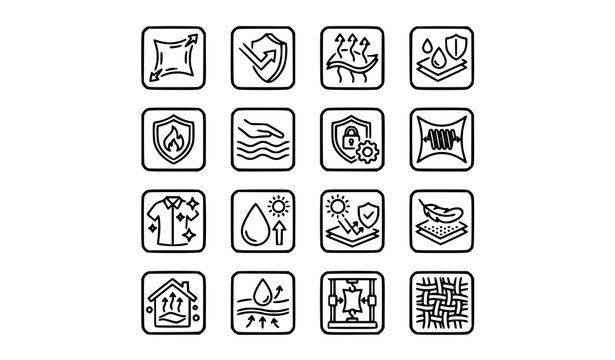 Fabric Properties Line Icons Set with Stretch Windproof and Breathable Textile Symbols