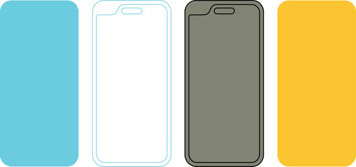 スマートフォン画面のモックアップ、青、白、グレー、黄色の4色のベクターイラストセット。アプリ開発やウェブデザインに最適なシンプルなモバイルデバイステンプレート。 © AnilaStudio