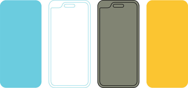 スマートフォン画面のモックアップ、青、白、グレー、黄色の4色のベクターイラストセット。アプリ開発やウェブデザインに最適なシンプルなモバイルデバイステンプレート。