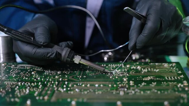 Closeup of expert soldering a green PCB board using precision tools. Ideal for electronics, circuit repair, engineering