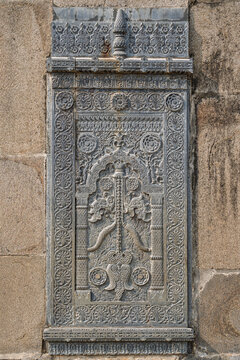 Closeup vertical view of stone panel with floral and geometric design carving at ancient Chhoto Sona masjid, Shahabazpur, Chapai Nawabganj, Bangladesh