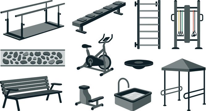 Physical Therapy and Rehabilitation Gym Equipment Vector Set Featuring Parallel Bars Exercise Bike Balance Board Resistance Bands Pebble Walkway and Outdoor Fitness Stations