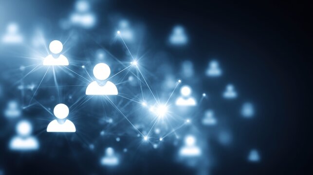 Abstract network of glowing people icons connected by lines and nodes on a dark background