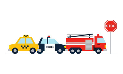City Vehicles Vector with Taxi Police Car and Fire Truck at Stop Sign © Angela