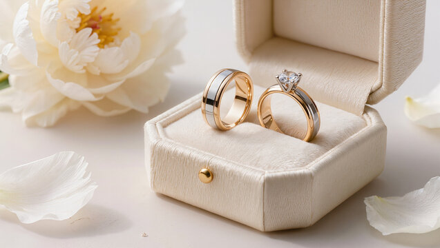 Luxurious gold and silver wedding rings in elegant cream velvet jewelry box with diamond solitaire engagement ring next to white peony, authentic wedding jewelry, editorial bridal photography