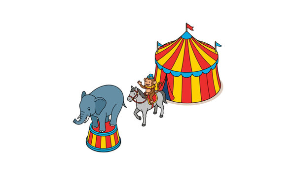 Circus animals with monkey riding horse and elephant near tent