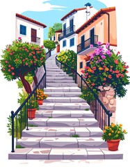 Obraz premium Colorful Stairway with Flowering Plants and Buildings.