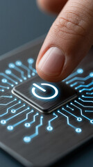 Fototapeta premium Power Button Activation: A finger presses the illuminated power button on a futuristic circuit board, symbolizing the initiation of technology and digital transformation.