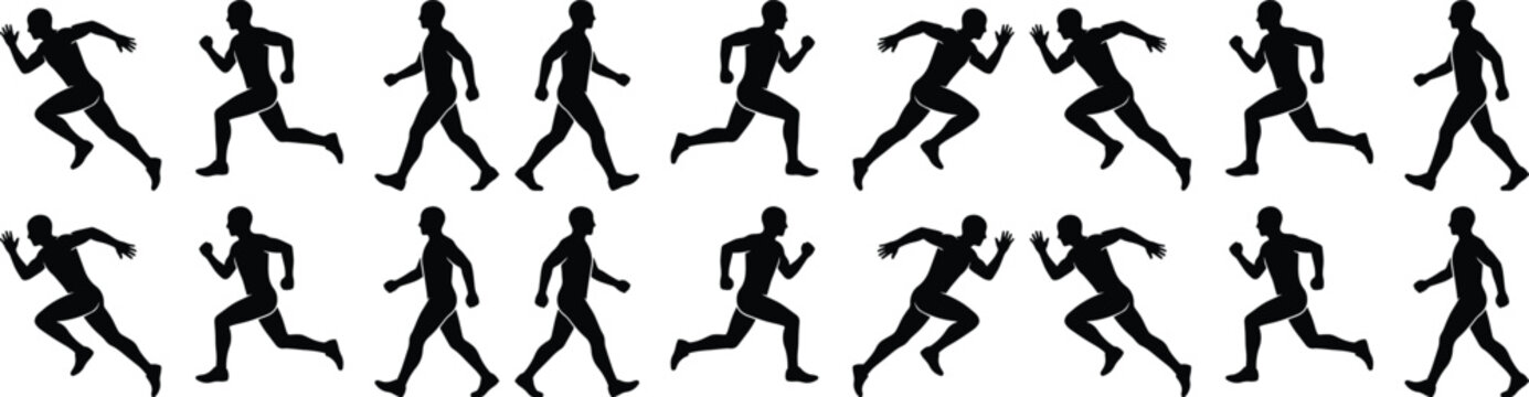 ランニングとウォーキングの男性シルエットセット、様々な動きとポーズの人物ベクターイラスト、スポーツ、フィットネス、健康的なライフスタイルを表現するアイコン素材