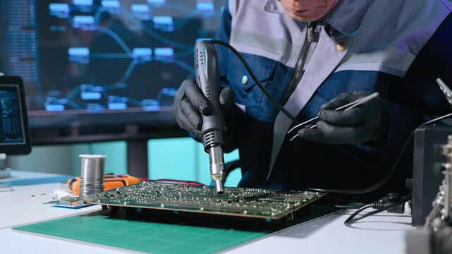 Closeup of expert soldering a green PCB board using precision tools. Ideal for electronics, circuit repair, engineering