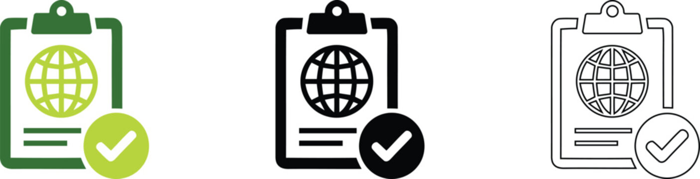Cloud computing and global data security approval process. Three-step validation workflow with globe network icons and checkmarks. Vector illustration for IT infrastructure.