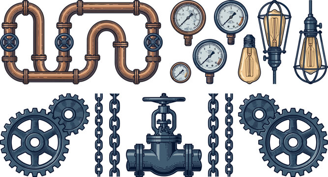 Steampunk Industrial Design Element Set Featuring Vintage Copper Pipes Pressure Gauges Metal Gears Chains Edison Light Bulbs and Plumbing Valve Illustrations