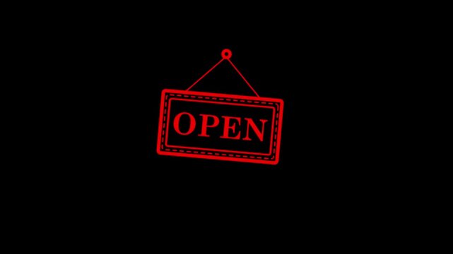 open shop sign animation isolated in black background.Animated open sign line icon with glowing neon outline on a dark background. 4k motion video