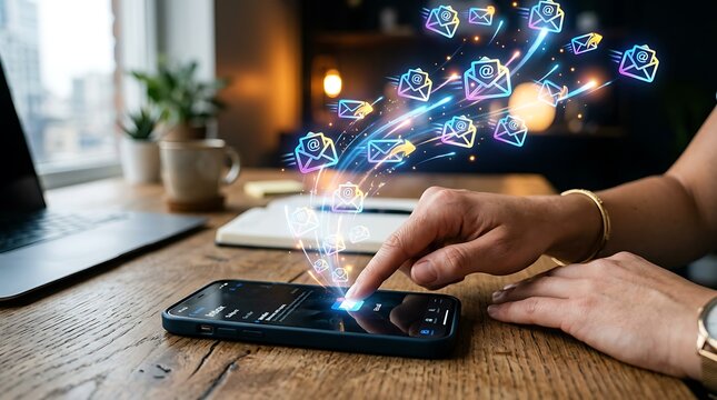 Tangan Mengirim Pesan Email Digital Melalui Ponsel Pintar dengan Efek Berkilauan di Meja Kerja