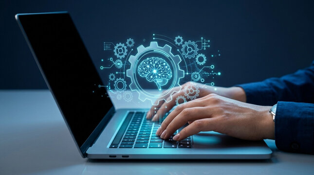 Hands typing on a laptop keyboard with a futuristic holographic digital brain and machine learning interface