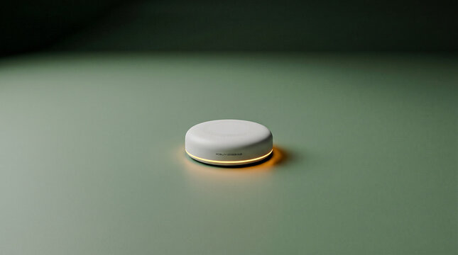Minimal mobility sensor hub with amber glow on sage green backdrop