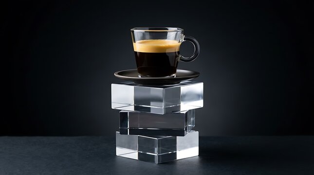 Secangkir Espresso Nikmat Disajikan di Atas Tumpukan Kubus Kristal Transparan