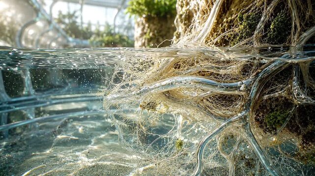 Eco utopia concept underwater root mesh glass water flow sunlight moss terrarium network tubes system organic serene futuristic garden sustainable