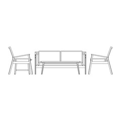 Fototapeta premium Front view of living room set with two arm chairs, two seater sofa, coffee table, and side table in clean outline style.