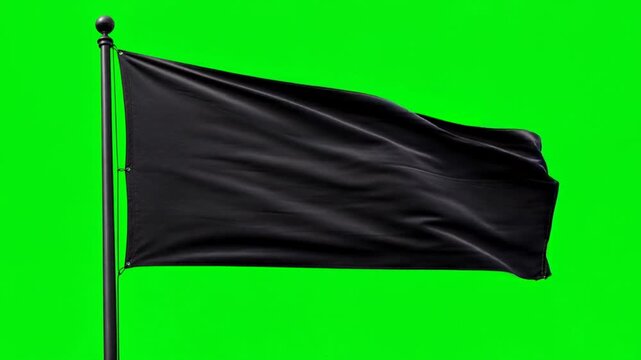 Plain Black Flag Waving Naturally Toward Right with Realistic Cloth Movement Green Screen Chroma Key Asset