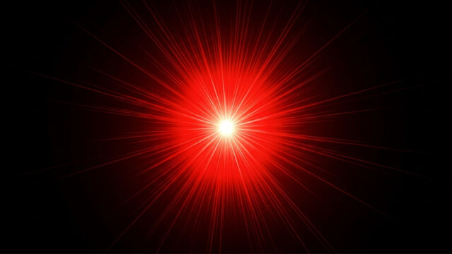 Intense red starburst light flare with sharp rays isolated on black background for cinematic lighting effects and professional graphic design composite elements or artistic overlays.