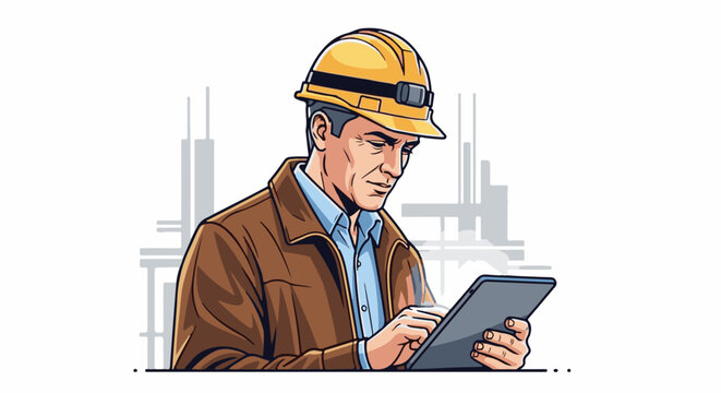 A man in a hard hat and jacket uses a tablet, with building outlines in the background