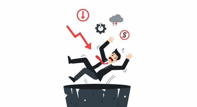 A man in a suit tumbles into a pit, a red arrow and storm cloud indicating financial trouble