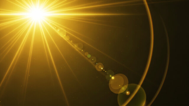 Warm golden lens flare with soft light streaks and optical artifacts isolated on black background for cinematic lighting effects and professional photographic post processing