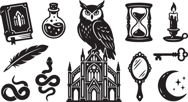 Mystical symbols and objects in black and white
