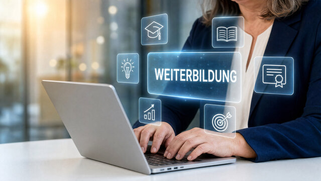 Seniorin im blauen Blazer tippt am Laptop mit holografischem Interface und Schriftzug WEITERBILDUNG &ndash; K&uuml;nstliche Intelligenz Holographic UI Fortbildung Senioren