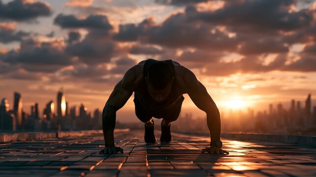 Strong athlete doing push up exercise on rooftop at sunrise