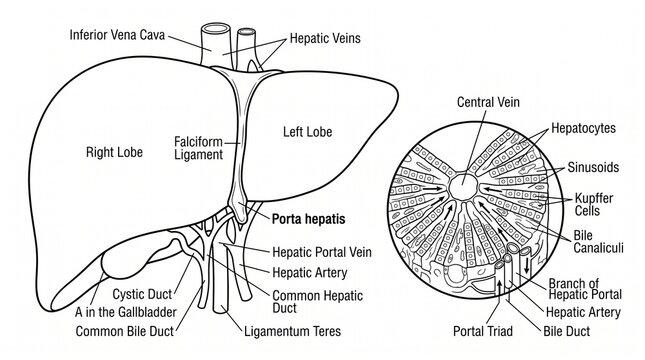 Comprehensive Anatomical Diagram of the Human Liver, Detailing External Lobes, Vascular Supply, Biliary System, and Microscopic Lobular Histology