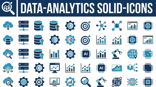 Data-analytics solid icons provide a comprehensive visual collection for representing complex information systems in professional digital interface designs.